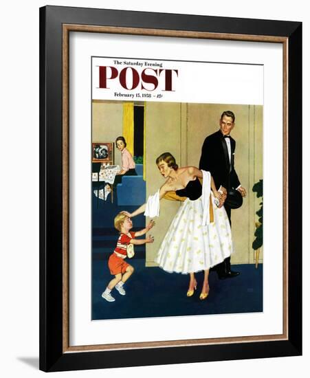 "Formal Hug" Saturday Evening Post Cover, February 15, 1958-Amos Sewell-Framed Giclee Print