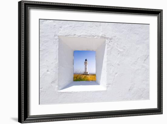 Formentera Mediterranean White Window with Barbaria Lighthouse-holbox-Framed Art Print