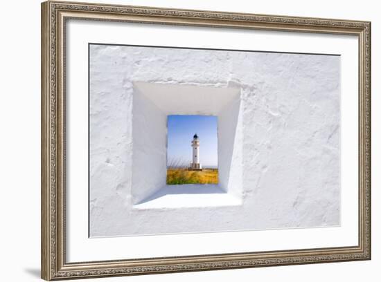 Formentera Mediterranean White Window with Barbaria Lighthouse-holbox-Framed Art Print