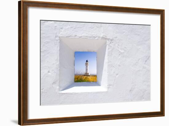 Formentera Mediterranean White Window with Barbaria Lighthouse-holbox-Framed Art Print