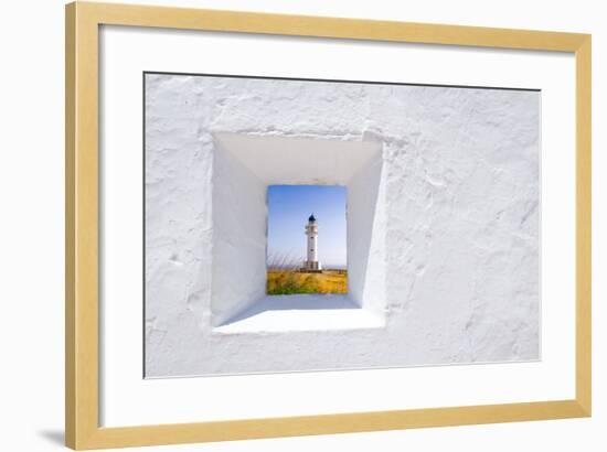 Formentera Mediterranean White Window with Barbaria Lighthouse-holbox-Framed Art Print