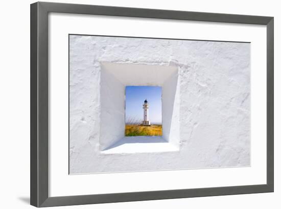 Formentera Mediterranean White Window with Barbaria Lighthouse-holbox-Framed Art Print