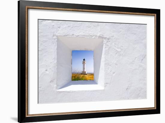 Formentera Mediterranean White Window with Barbaria Lighthouse-holbox-Framed Art Print