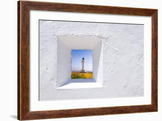 Formentera Mediterranean White Window with Barbaria Lighthouse-holbox-Framed Art Print