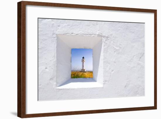 Formentera Mediterranean White Window with Barbaria Lighthouse-holbox-Framed Art Print