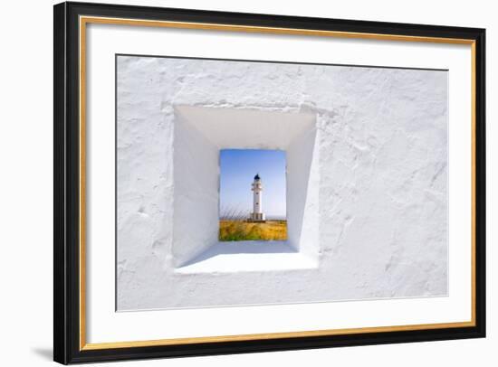 Formentera Mediterranean White Window with Barbaria Lighthouse-holbox-Framed Art Print