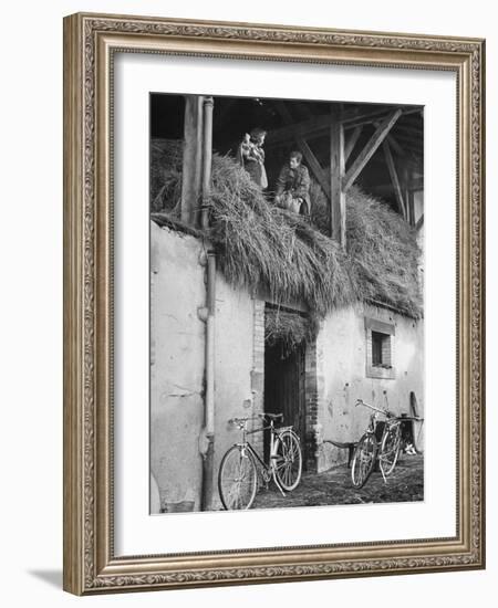 Former GI Ernest Kreiling Showing His Bride the Hayloft Where He Spent Thanksgiving 1944-null-Framed Photographic Print