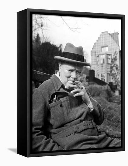 Former Pm Winston Churchill Resting on Bench, Puffing on Cigar, Outside Country Estate Chartwell-Hans Wild-Framed Premier Image Canvas