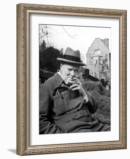 Former Pm Winston Churchill Resting on Bench, Puffing on Cigar, Outside Country Estate Chartwell-Hans Wild-Framed Premium Photographic Print
