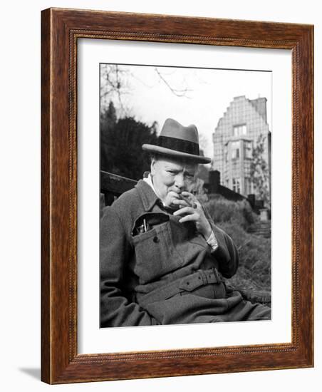 Former Pm Winston Churchill Resting on Bench, Puffing on Cigar, Outside Country Estate Chartwell-Hans Wild-Framed Premium Photographic Print