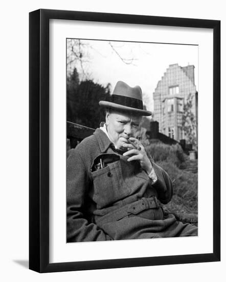 Former Pm Winston Churchill Resting on Bench, Puffing on Cigar, Outside Country Estate Chartwell-Hans Wild-Framed Premium Photographic Print