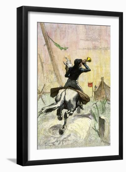 Former Postal Rider Giving the Alarm of His Trumpet to Ring the Arrival of the Mail. Colour Engravi-null-Framed Giclee Print