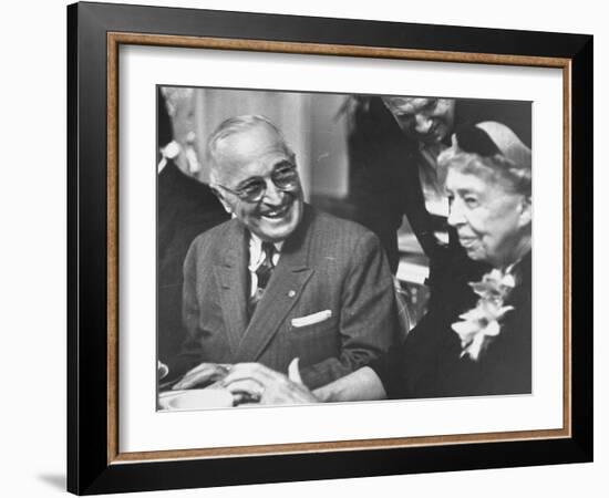 Former President Harry S. Truman Talking with Mrs. Franklin D. Roosevelt-null-Framed Photographic Print