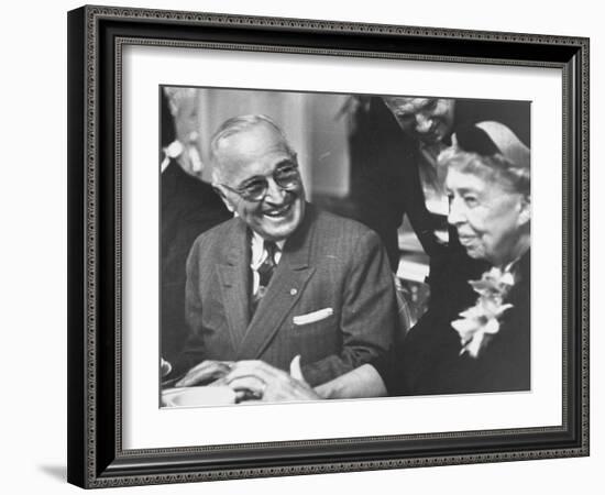 Former President Harry S. Truman Talking with Mrs. Franklin D. Roosevelt-null-Framed Photographic Print