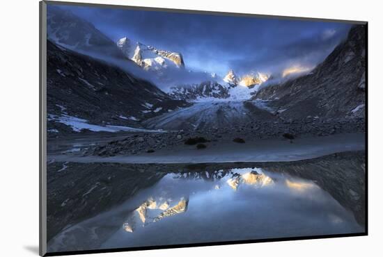 Forno Glacier reflected in a pond at foggy sunrise, Forno Valley, Maloja Pass, Switzerland-Francesco Bergamaschi-Mounted Photographic Print