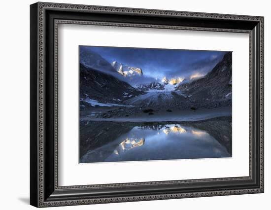 Forno Glacier reflected in a pond at foggy sunrise, Forno Valley, Maloja Pass, Switzerland-Francesco Bergamaschi-Framed Photographic Print