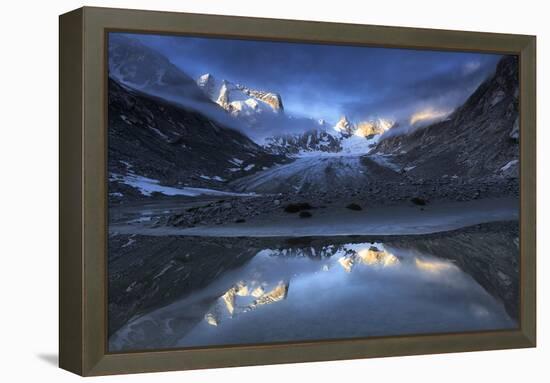 Forno Glacier reflected in a pond at foggy sunrise, Forno Valley, Maloja Pass, Switzerland-Francesco Bergamaschi-Framed Premier Image Canvas