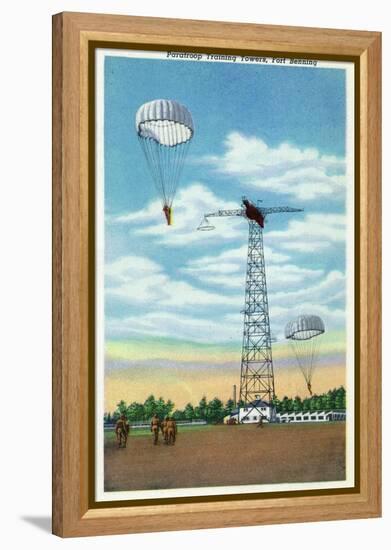 Fort Benning, Georgia, View of Paratroop Training Towers, Parachutes-Lantern Press-Framed Stretched Canvas