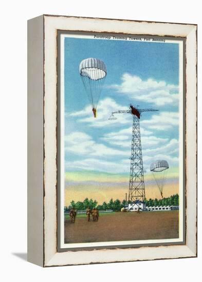 Fort Benning, Georgia, View of Paratroop Training Towers, Parachutes-Lantern Press-Framed Stretched Canvas