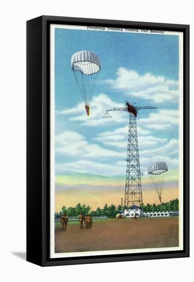 Fort Benning, Georgia, View of Paratroop Training Towers, Parachutes-Lantern Press-Framed Stretched Canvas