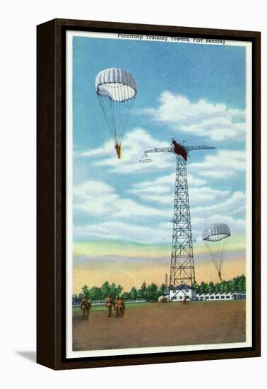 Fort Benning, Georgia, View of Paratroop Training Towers, Parachutes-Lantern Press-Framed Stretched Canvas