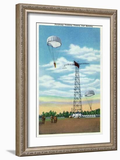 Fort Benning, Georgia, View of Paratroop Training Towers, Parachutes-Lantern Press-Framed Art Print