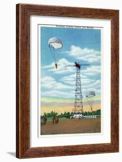 Fort Benning, Georgia, View of Paratroop Training Towers, Parachutes-Lantern Press-Framed Art Print