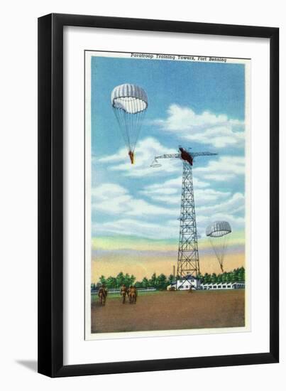 Fort Benning, Georgia, View of Paratroop Training Towers, Parachutes-Lantern Press-Framed Art Print
