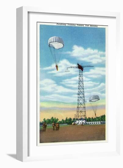 Fort Benning, Georgia, View of Paratroop Training Towers, Parachutes-Lantern Press-Framed Art Print