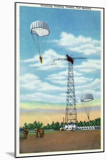 Fort Benning, Georgia, View of Paratroop Training Towers, Parachutes-Lantern Press-Mounted Art Print