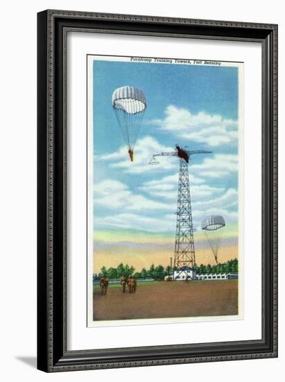 Fort Benning, Georgia, View of Paratroop Training Towers, Parachutes-Lantern Press-Framed Art Print