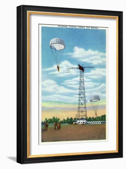 Fort Benning, Georgia, View of Paratroop Training Towers, Parachutes-Lantern Press-Framed Art Print