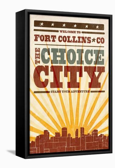 Fort Collins, Colorado - Skyline and Sunburst Screenprint Style-Lantern Press-Framed Stretched Canvas