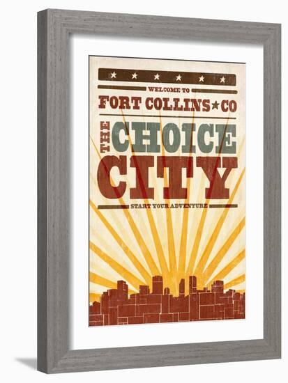 Fort Collins, Colorado - Skyline and Sunburst Screenprint Style-Lantern Press-Framed Art Print