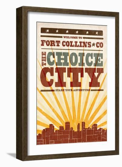 Fort Collins, Colorado - Skyline and Sunburst Screenprint Style-Lantern Press-Framed Art Print