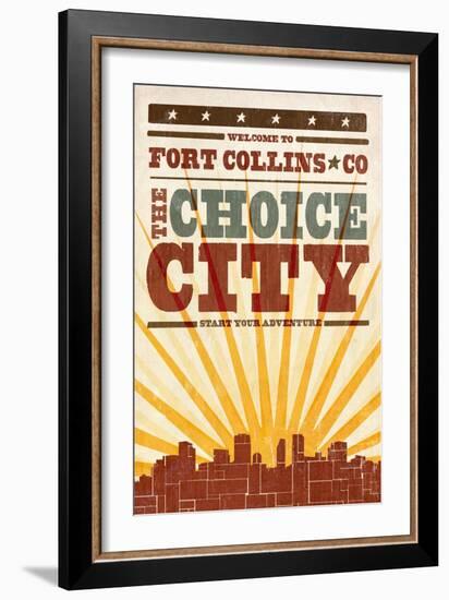 Fort Collins, Colorado - Skyline and Sunburst Screenprint Style-Lantern Press-Framed Art Print