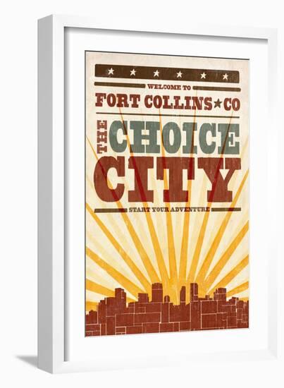 Fort Collins, Colorado - Skyline and Sunburst Screenprint Style-Lantern Press-Framed Art Print