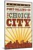 Fort Collins, Colorado - Skyline and Sunburst Screenprint Style-Lantern Press-Mounted Art Print