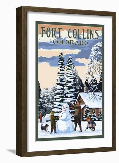 Fort Collins, Colorado - Snowman Scene-Lantern Press-Framed Art Print