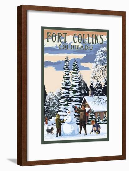 Fort Collins, Colorado - Snowman Scene-Lantern Press-Framed Art Print