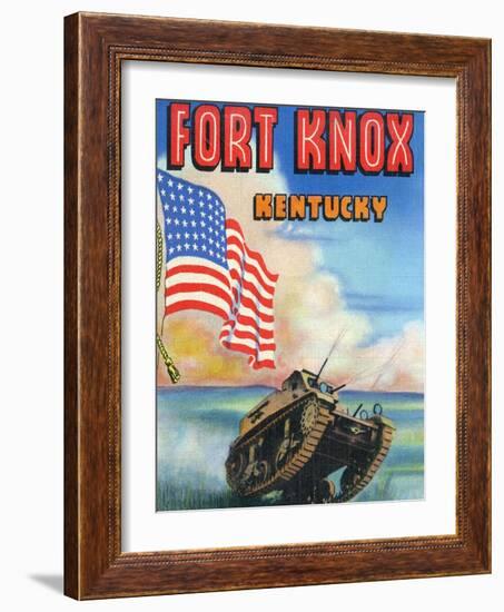 Fort Knox, Kentucky, Large Letters, View of a Tank and the US Flag-Lantern Press-Framed Art Print