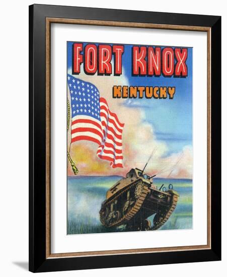 Fort Knox, Kentucky, Large Letters, View of a Tank and the US Flag-Lantern Press-Framed Art Print