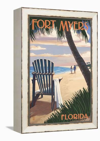 Fort Myers, Florida - Adirondack Chair on the Beach-Lantern Press-Framed Stretched Canvas