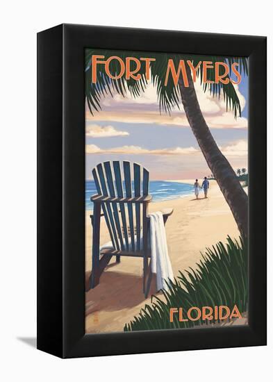 Fort Myers, Florida - Adirondack Chair on the Beach-Lantern Press-Framed Stretched Canvas