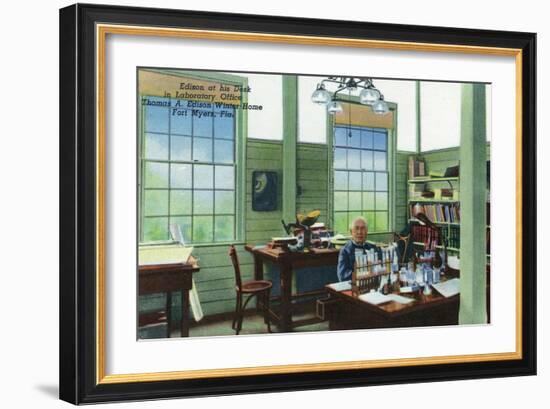 Fort Myers, Florida - T. Edison Winter Home, View of Edison at His Desk in Laboratory Office-Lantern Press-Framed Premium Giclee Print