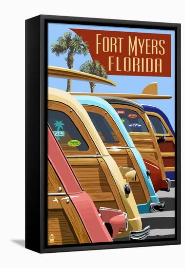 Fort Myers, Florida - Woodies Lined Up-Lantern Press-Framed Stretched Canvas