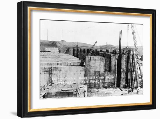 Fort Peck, Montana - Spillway Control Gates & Bridge Construction-Lantern Press-Framed Art Print