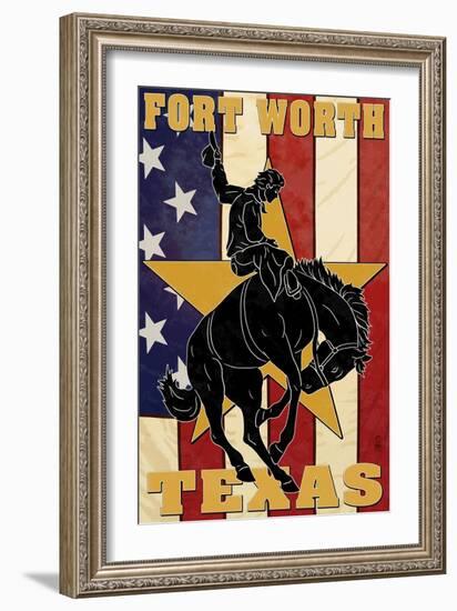 Fort Worth, Texas - Cowboy and Bucking Bronco-Lantern Press-Framed Art Print