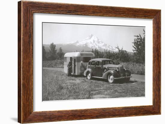 Forties Travel Trailer in Mountains-null-Framed Art Print