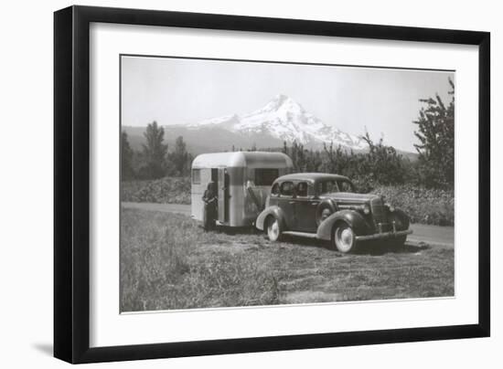 Forties Travel Trailer in Mountains-null-Framed Art Print